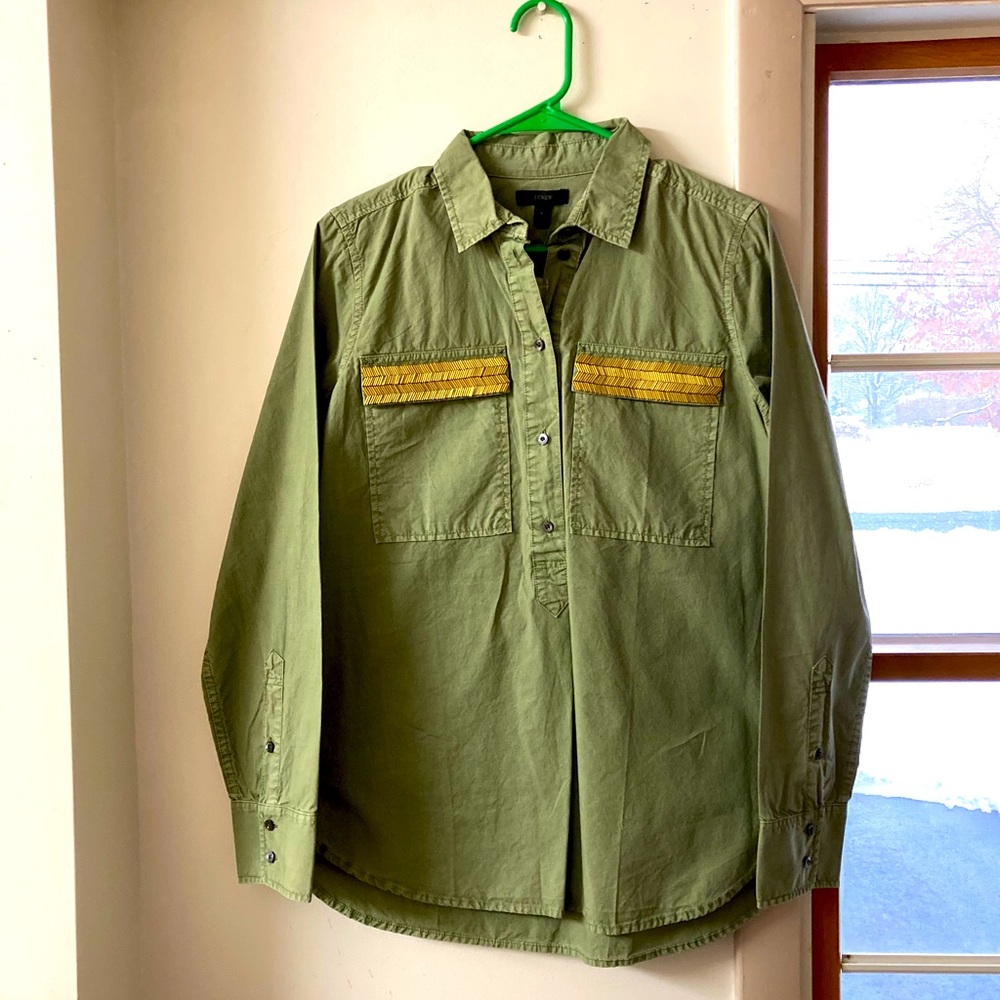 J. Crew Olive Utility Embellished Button Up Shirt